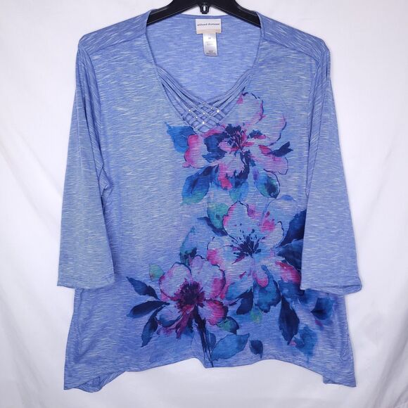 Alfred Dunner Top 3X Blue Floral Watercolor Twill - Picture 1 of 11